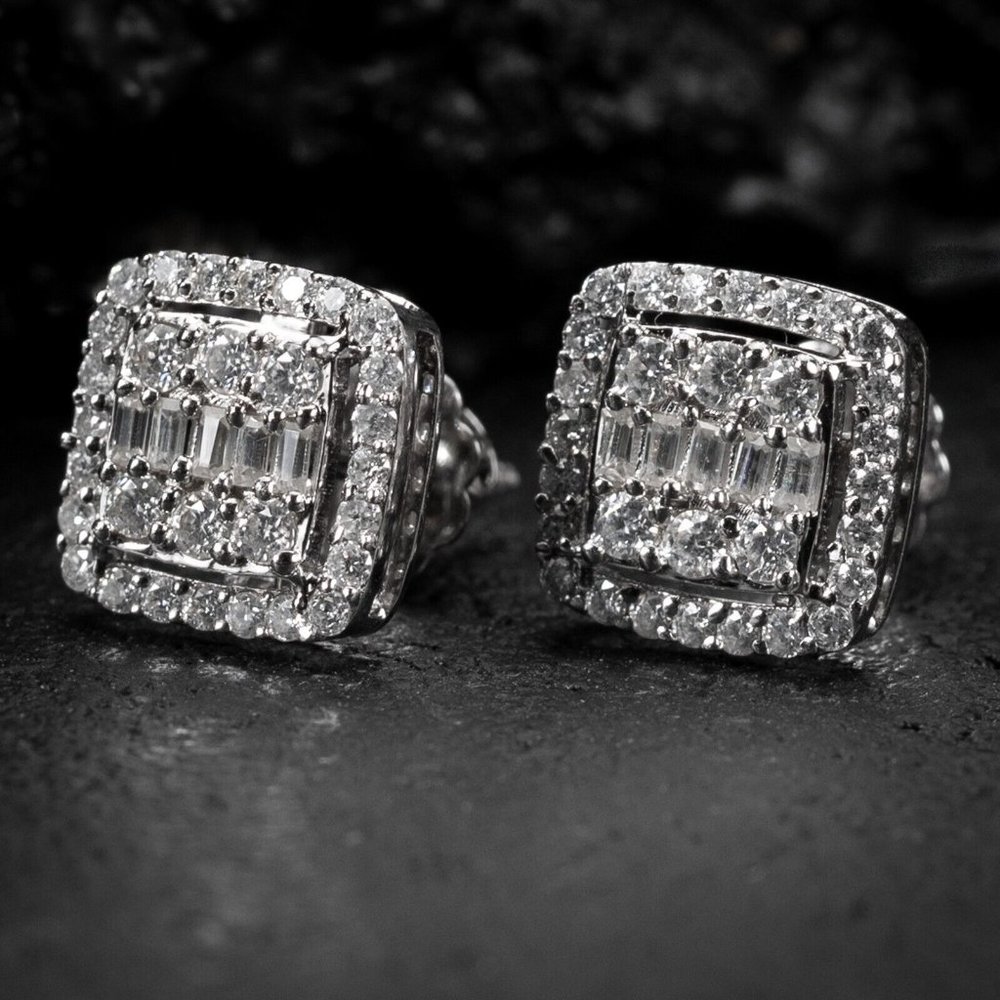 White Gold 925 Sterling Silver Square Baguette Iced Cz Hip Hop Stud Earrings